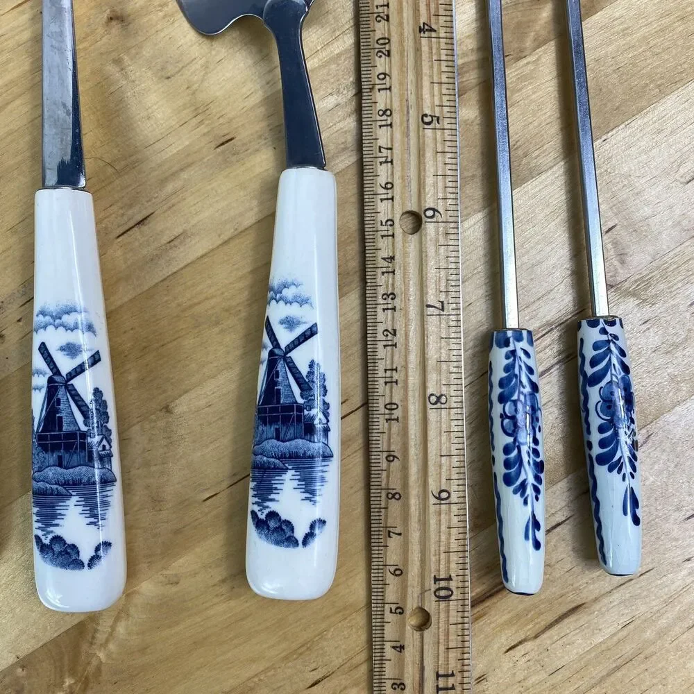 Vintage Delft Elesva Holland 6pc Utensil Set Blue Windmill Ceramic Handle Cheese